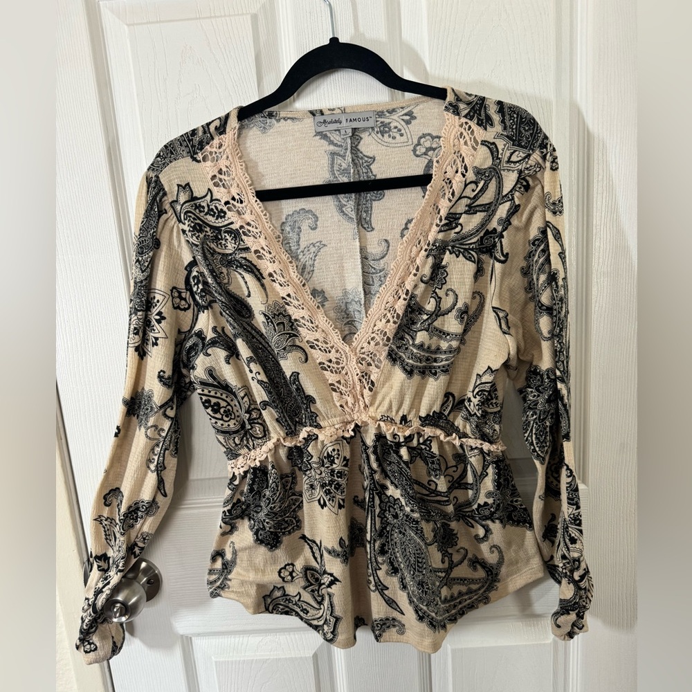 Plus size cream paisley and black long sleeve V neck top